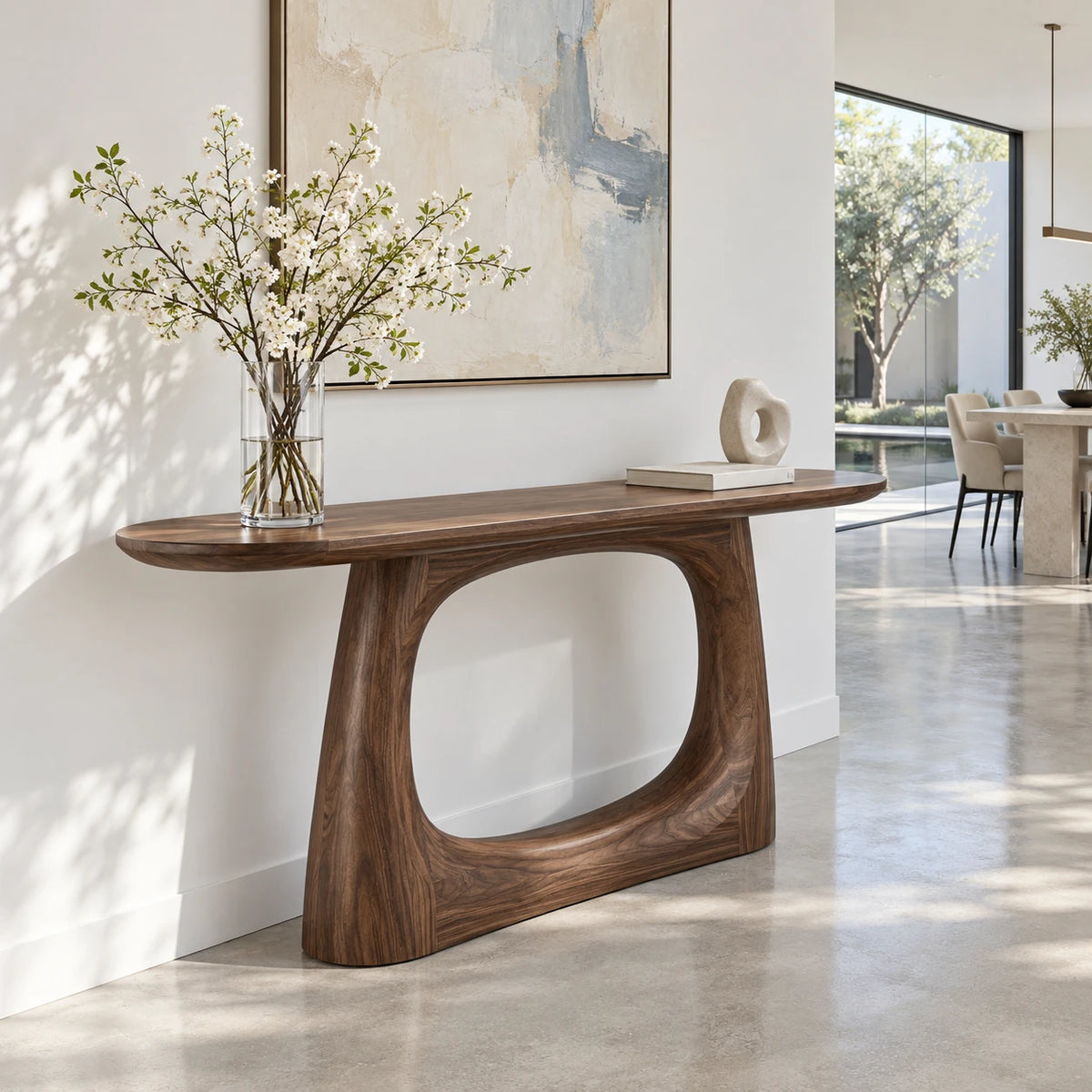 Sofa Console Table with Open-Loop Pedestal Base and Pill-Shaped Oval Top - Arboriswood