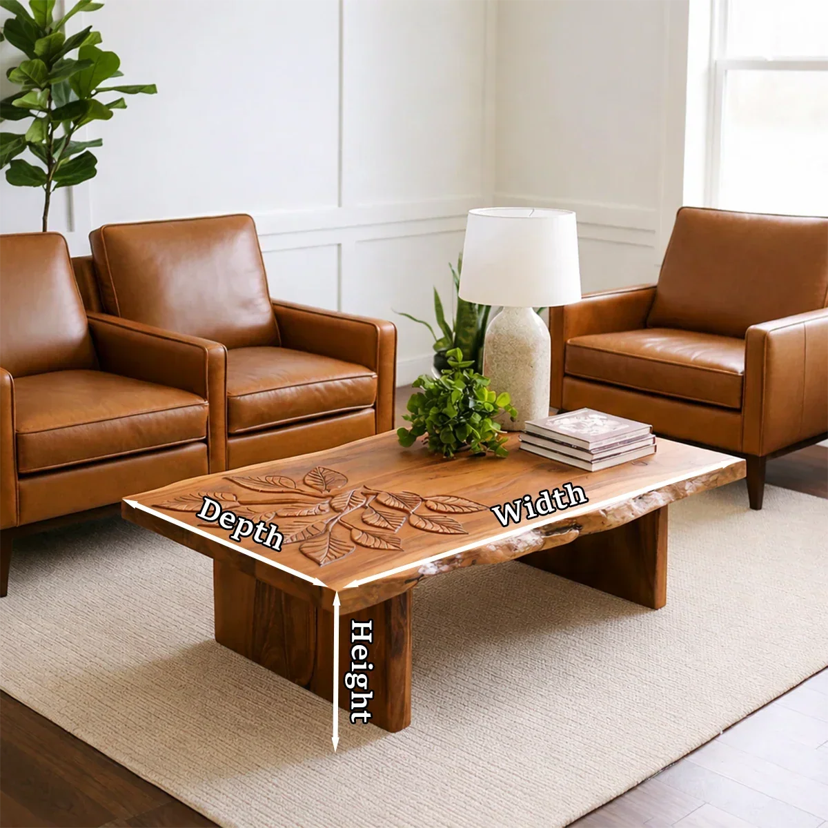 Solid Wood Coffee Table with Hand-Carved Leaf Pattern and Live Edge - Arboriswood - 11