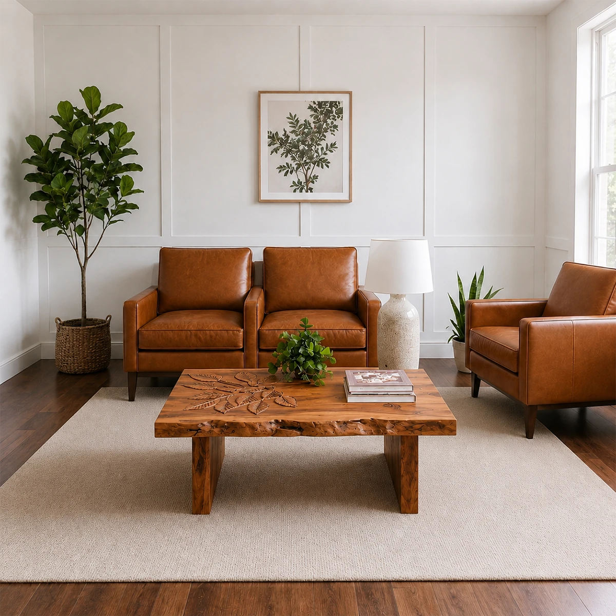 Solid Wood Coffee Table with Hand-Carved Leaf Pattern and Live Edge - ArborisWood - 12