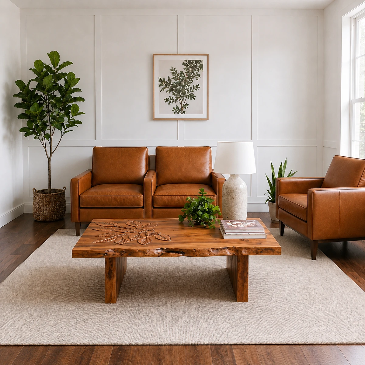 Solid Wood Coffee Table with Hand-Carved Leaf Pattern and Live Edge - ArborisWood - 13
