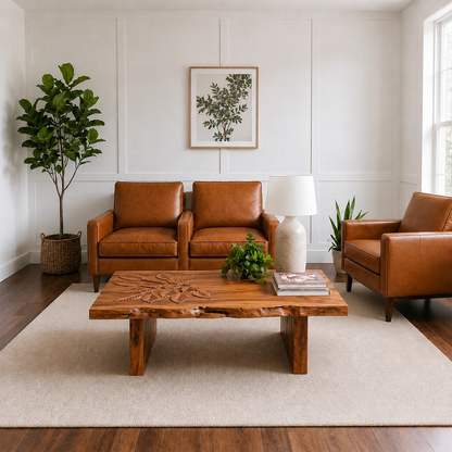 Solid Wood Coffee Table with Hand-Carved Leaf Pattern and Live Edge - ArborisWood - 13