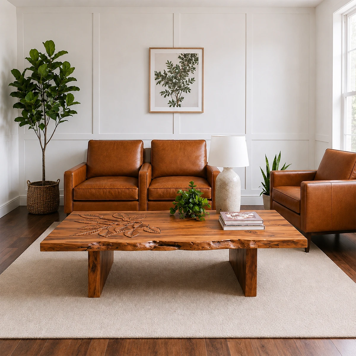 Solid Wood Coffee Table with Hand-Carved Leaf Pattern and Live Edge - ArborisWood - 14