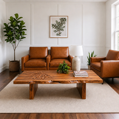 Solid Wood Coffee Table with Hand-Carved Leaf Pattern and Live Edge - ArborisWood - 14