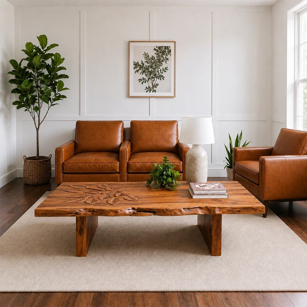 Solid Wood Coffee Table with Hand-Carved Leaf Pattern and Live Edge - Arboriswood - 14