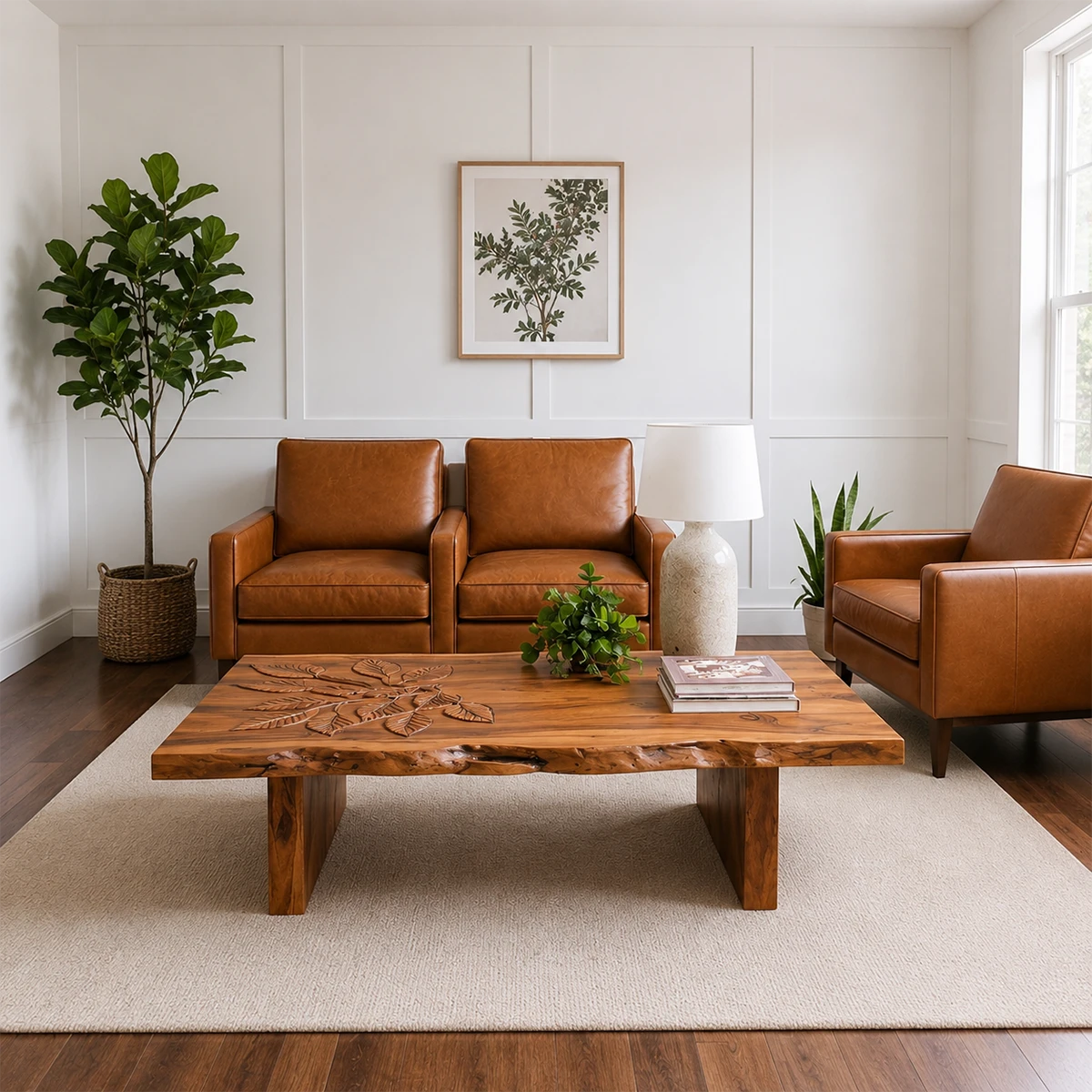 Solid Wood Coffee Table with Hand-Carved Leaf Pattern and Live Edge - ArborisWood - 3