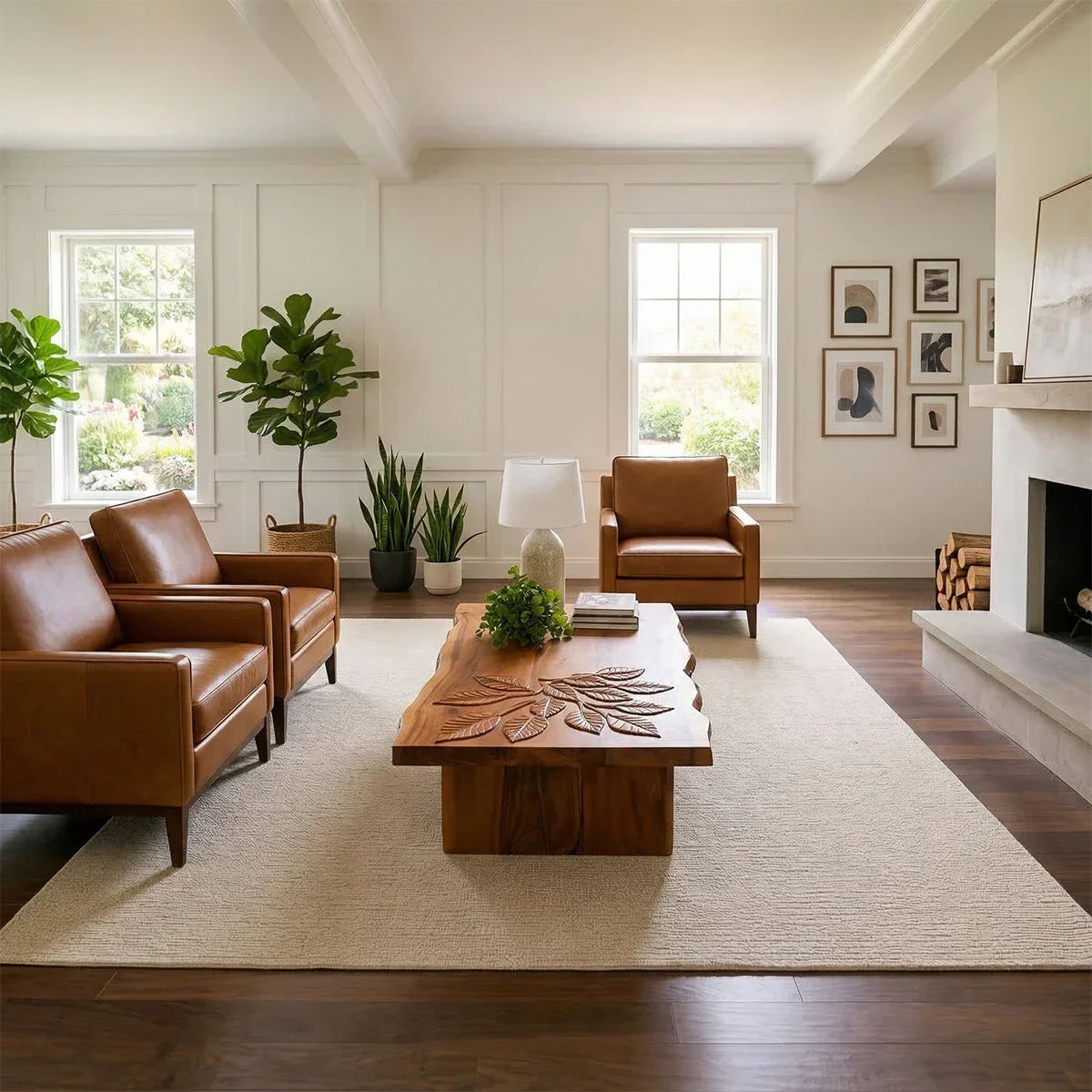 Solid Wood Coffee Table with Hand-Carved Leaf Pattern and Live Edge - Arboriswood - 4