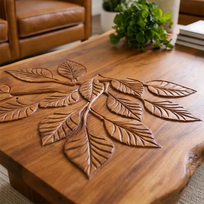 Solid Wood Coffee Table with Hand-Carved Leaf Pattern and Live Edge - ArborisWood - 5