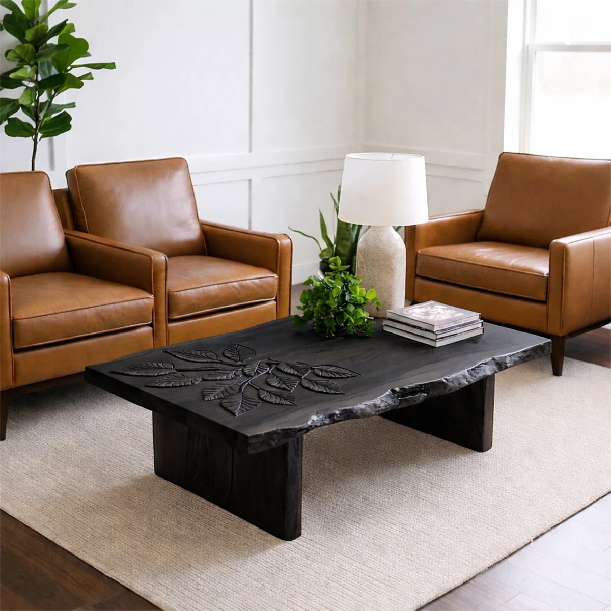 Solid Wood Coffee Table with Hand-Carved Leaf Pattern and Live Edge - ArborisWood - 9