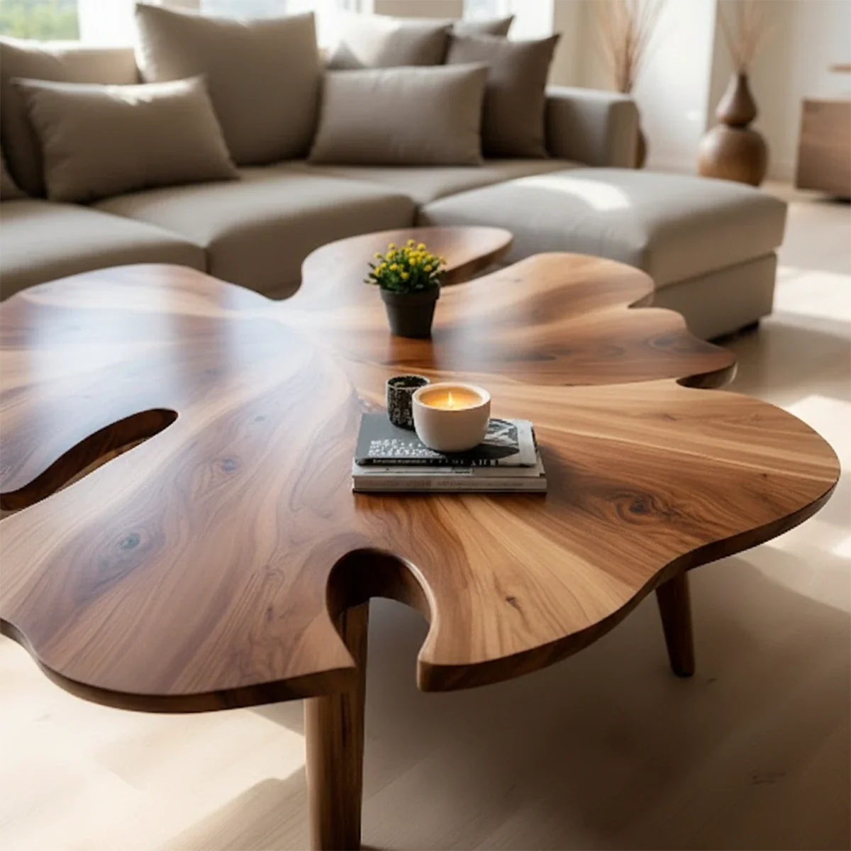 Solid Wood Coffee Table with Leaf-Inspired Shape and Sculptural Top - ArborisWood - 3