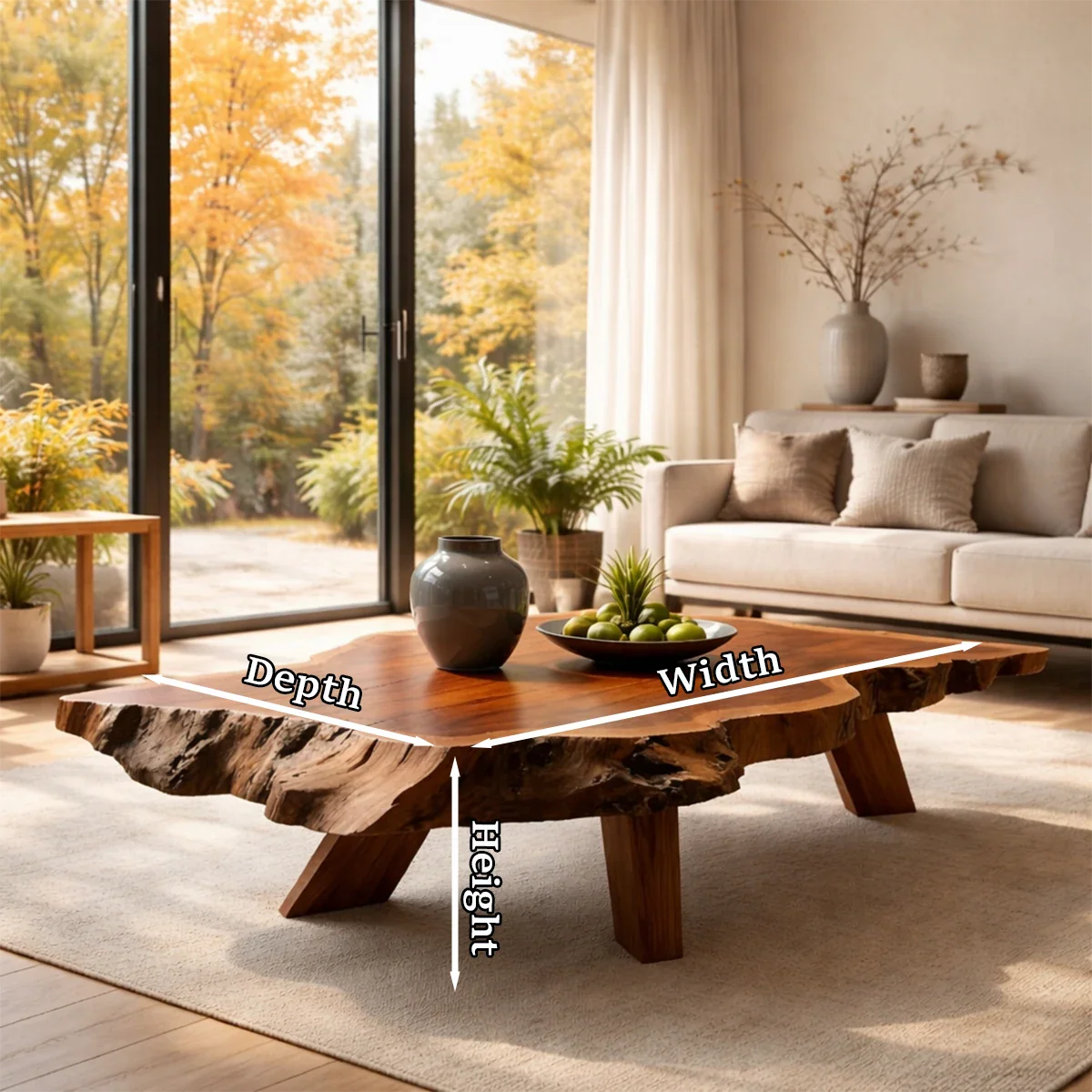 Solid Wood Coffee Table with Live Edge Slab and Rustic Base - ArborisWood - 10