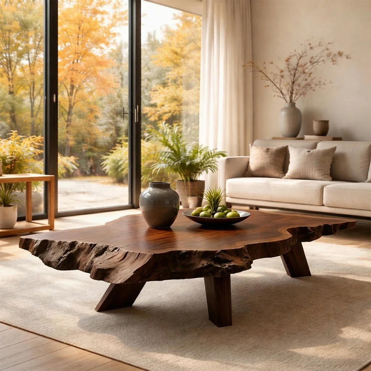 Solid Wood Coffee Table with Live Edge Slab and Rustic Base - ArborisWood - 6