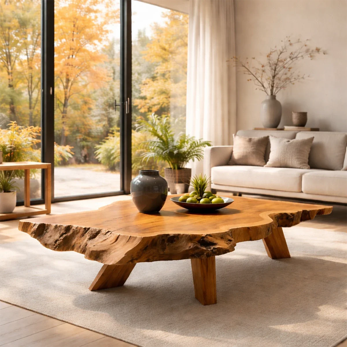 Solid Wood Coffee Table with Live Edge Slab and Rustic Base - ArborisWood - 7