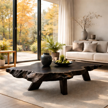 Solid Wood Coffee Table with Live Edge Slab and Rustic Base - ArborisWood - 8