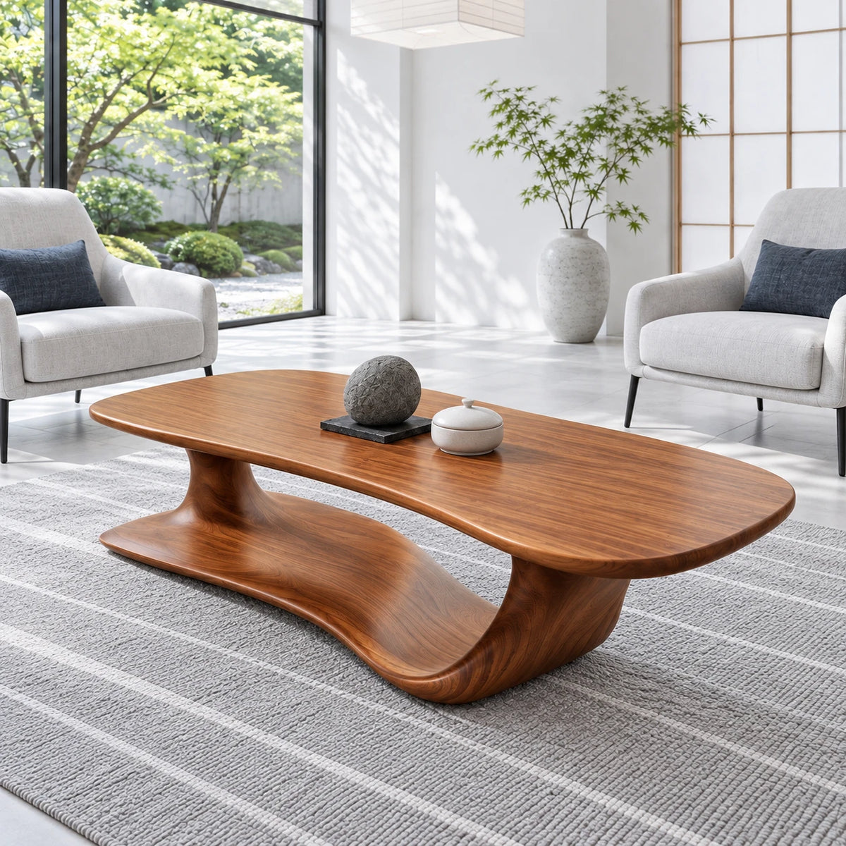 Solid Wood Coffee Table with Rounded Slab Top on Flowing Single-Ribbon Wave Base - Arboriswood - 2