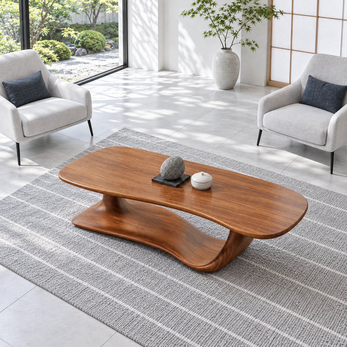 Solid Wood Coffee Table with Rounded Slab Top on Flowing Single-Ribbon Wave Base - Arboriswood - 5