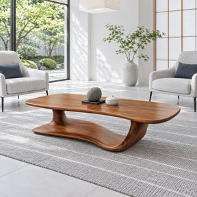Solid Wood Coffee Table with Rounded Slab Top on Flowing Single-Ribbon Wave Base - Arboriswood