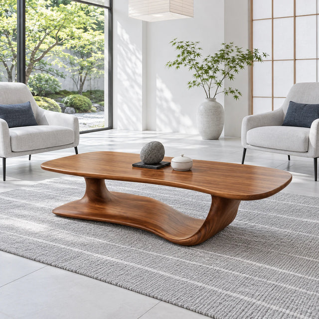 Solid Wood Coffee Table with Rounded Slab Top on Flowing Single-Ribbon Wave Base - Arboriswood