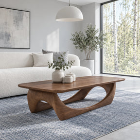 Solid Wood Coffee Table with Softened Slab Top on Twin-Arch Ribbon Base - Arboriswood