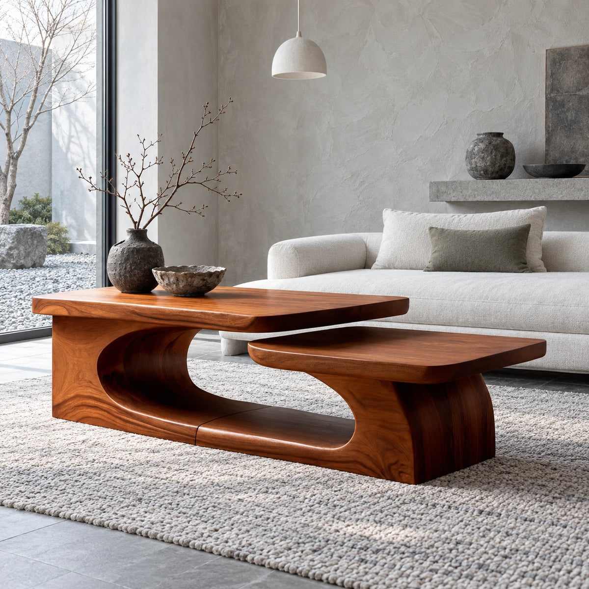 Solid Wood Coffee Table with Tiered Slab Tops on Open Oval-Loop Base - Arboriswood - 9