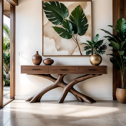 Modern entryway featuring a solid wood console table with sculptural branch style base design