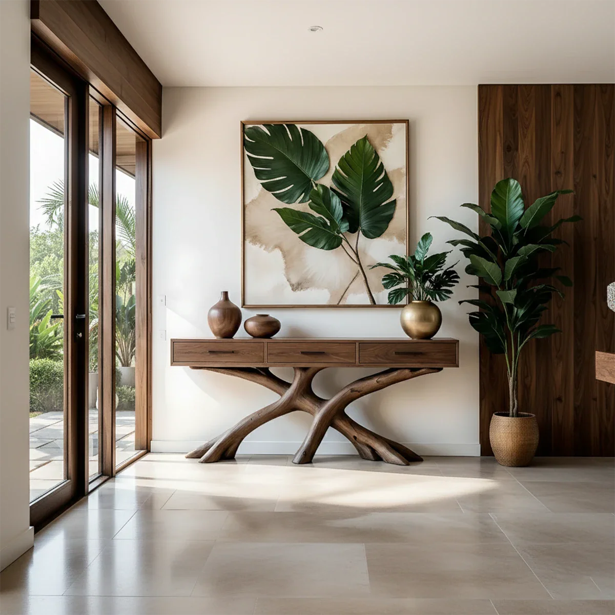 Solid wood console table with tree inspired base placed in a clean and modern hallway setting