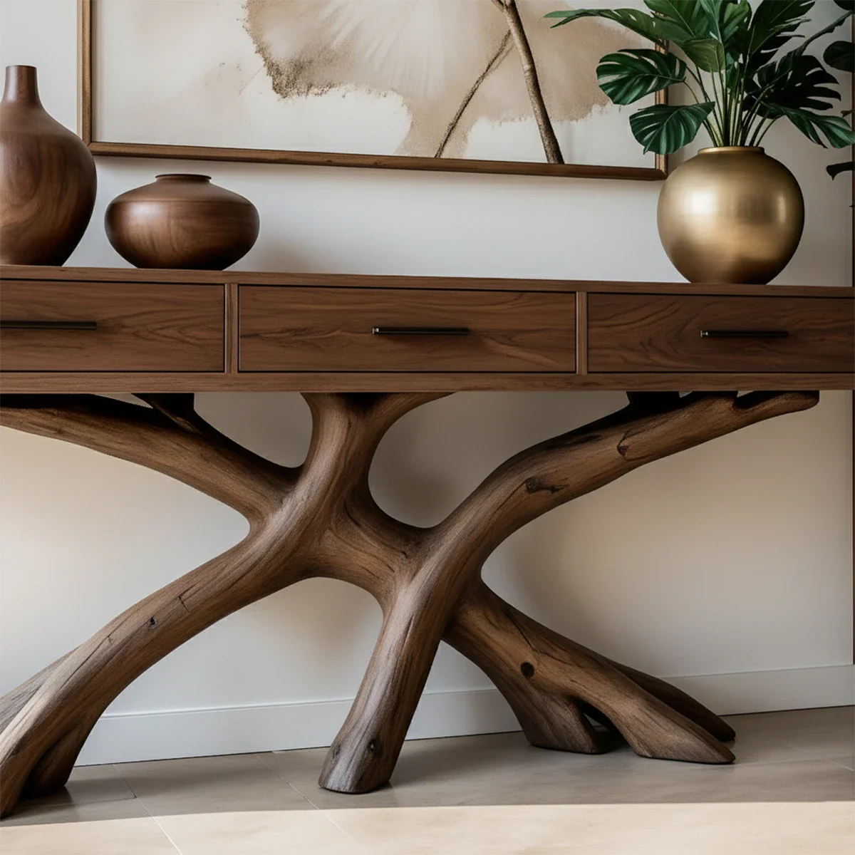 In this contemporary home, a console table with artistic wood base creates a striking focal point