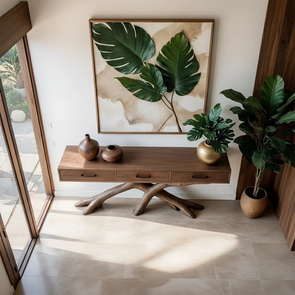 Refined interior showcasing a handcrafted console table with organic structure and clean lines