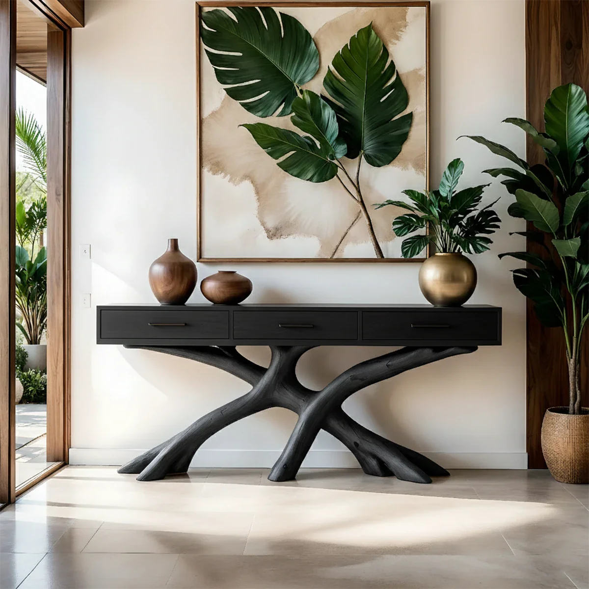 This entry area highlights a console table with natural wood base and balanced modern design