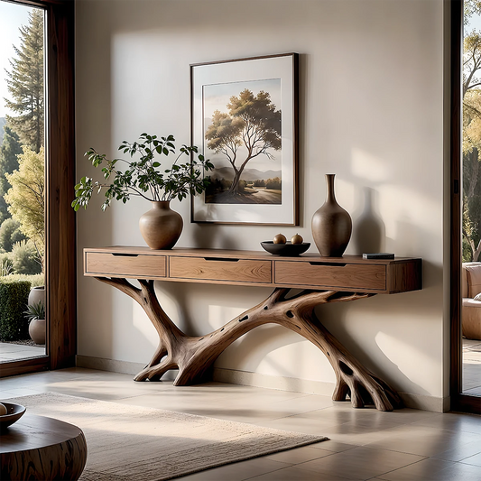 Modern entryway featuring a solid wood console table with organic driftwood style base and drawers