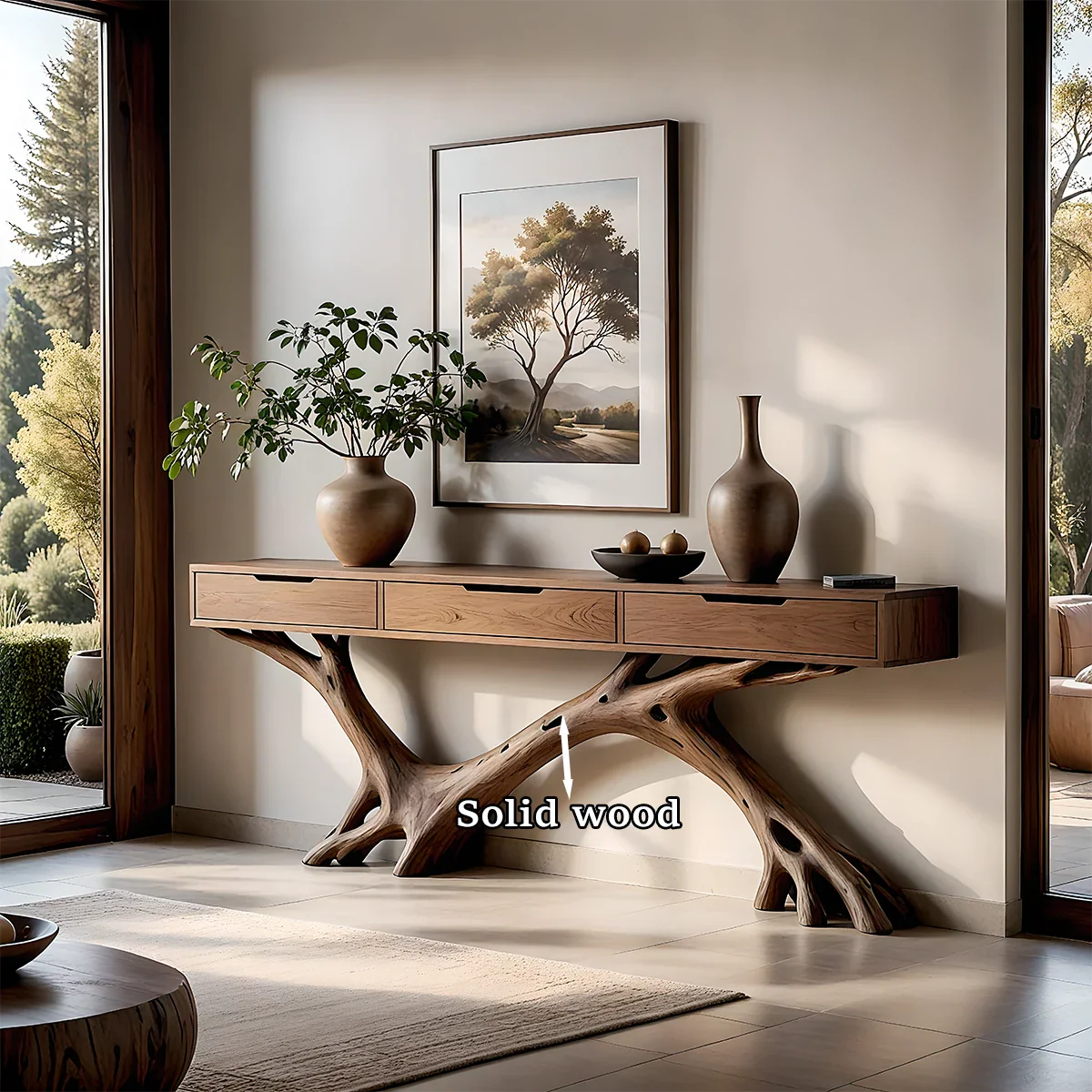 Elegant entry space featuring a wood console table with flowing base and smooth top surface