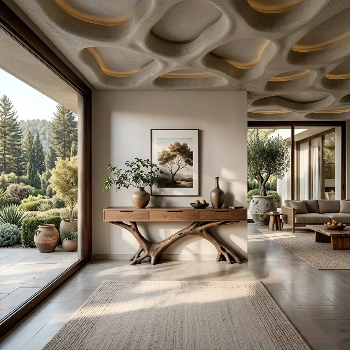 A sculptural console table with natural wood base adds warmth and storage to this refined interior