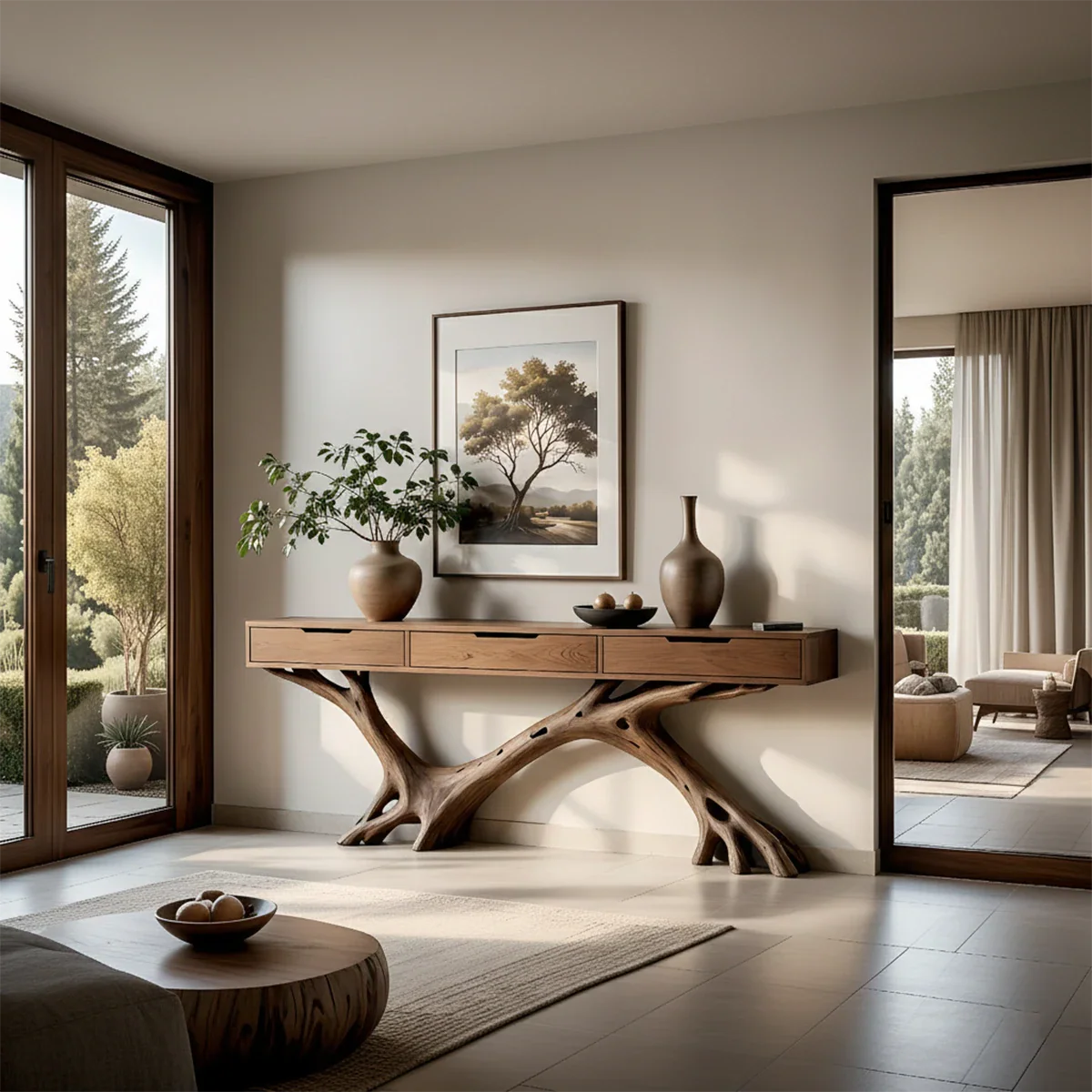 Solid wood console table with driftwood inspired base placed in a bright contemporary hallway