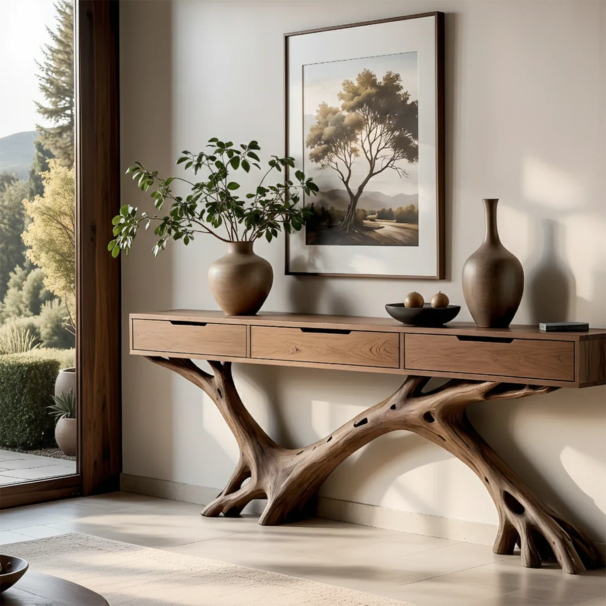 In this elegant space, a console table with organic base blends artistic form and functional storage