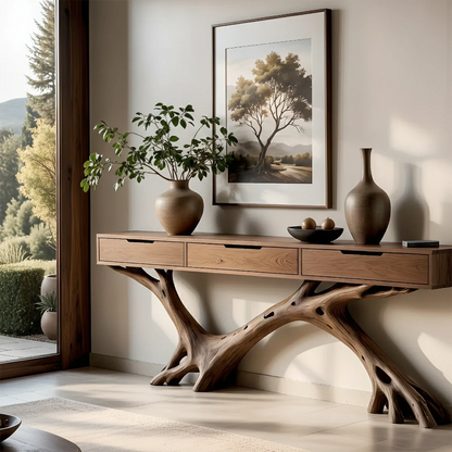 In this elegant space, a console table with organic base blends artistic form and functional storage