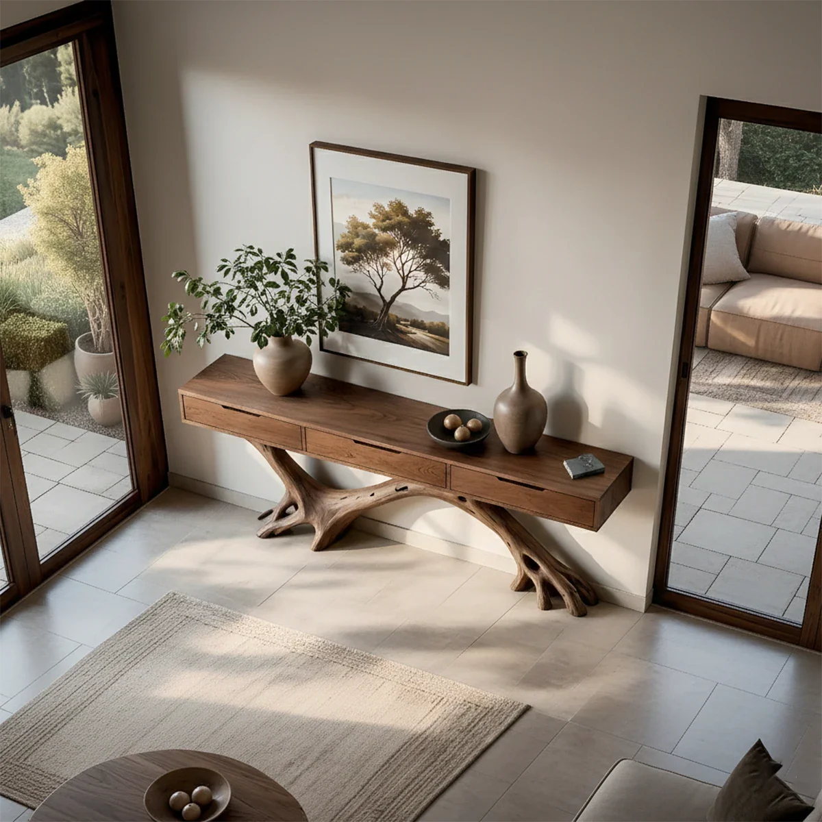 Refined interior showcasing a handcrafted console table with sculptural base and clean drawer layout