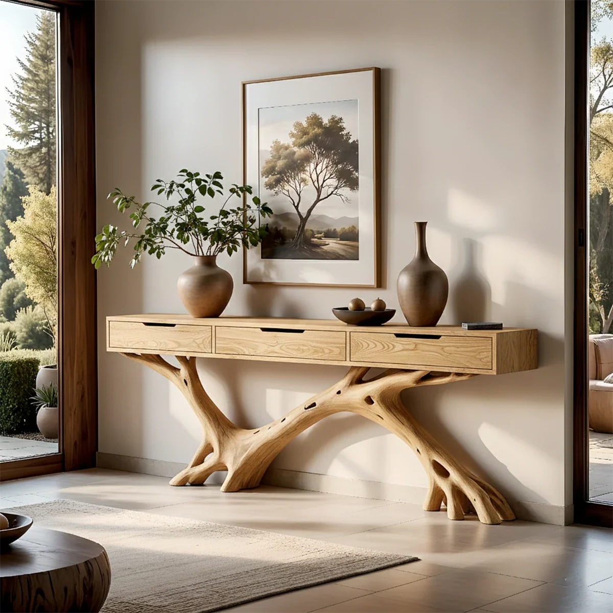 Driftwood base console table in solid wood styled beneath artwork in a contemporary home setting
