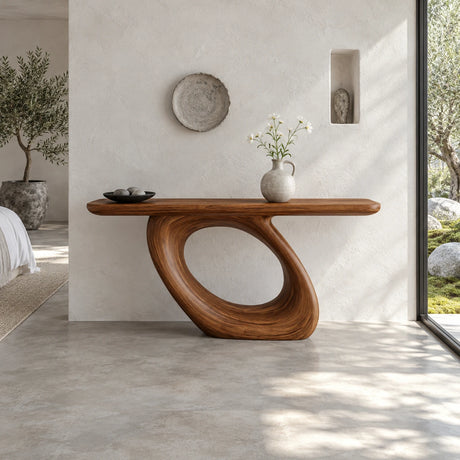 Solid Wood Console Table with Coiled Eye-Loop Pedestal and Rounded-End Slab Top - Arboriswood
