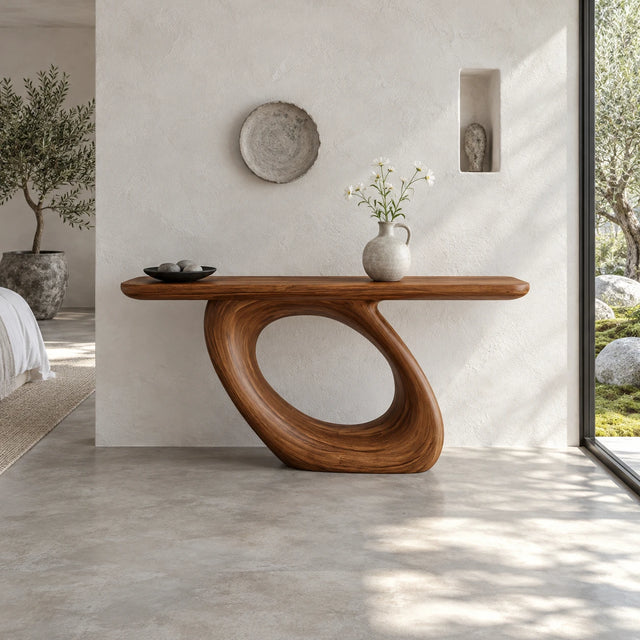 Solid Wood Console Table with Coiled Eye-Loop Pedestal and Rounded-End Slab Top - Arboriswood