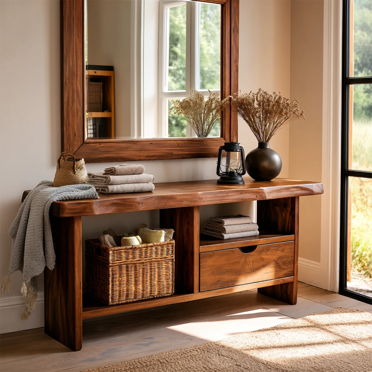 Contemporary entryway table featuring spacious storage drawer and functional lower shelf