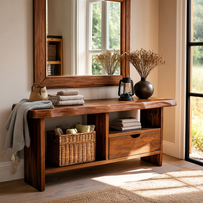 Contemporary entryway table featuring spacious storage drawer and functional lower shelf
