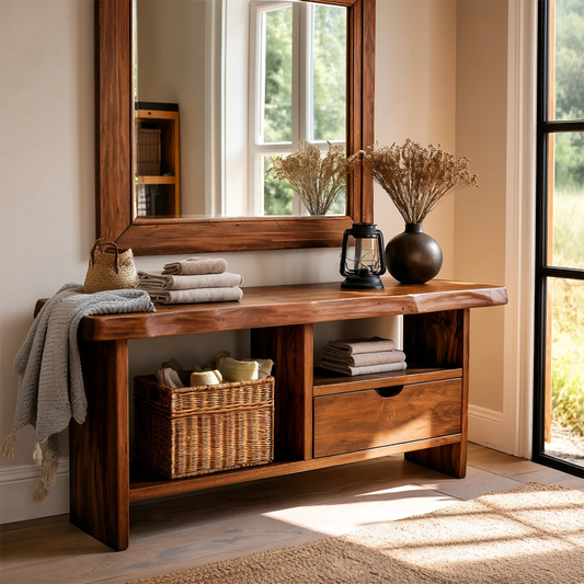 Contemporary entryway table featuring spacious storage drawer and functional lower shelf