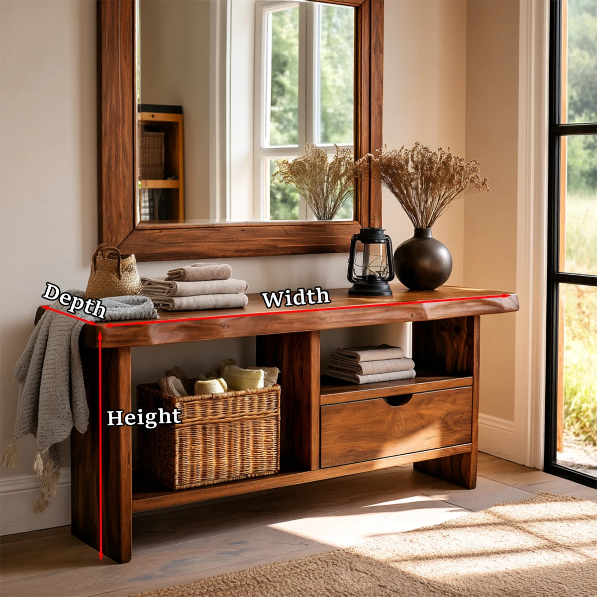 Streamlined entryway console with spacious drawer and lower shelf display storage