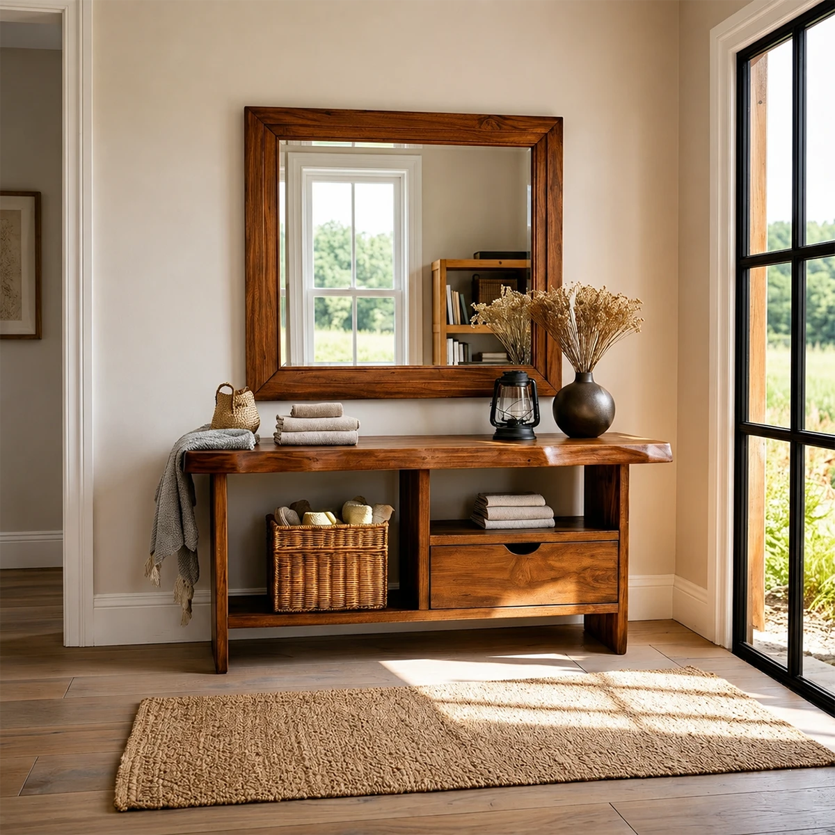 Modern console table with drawer storage and open shelving for stylish entryway organization