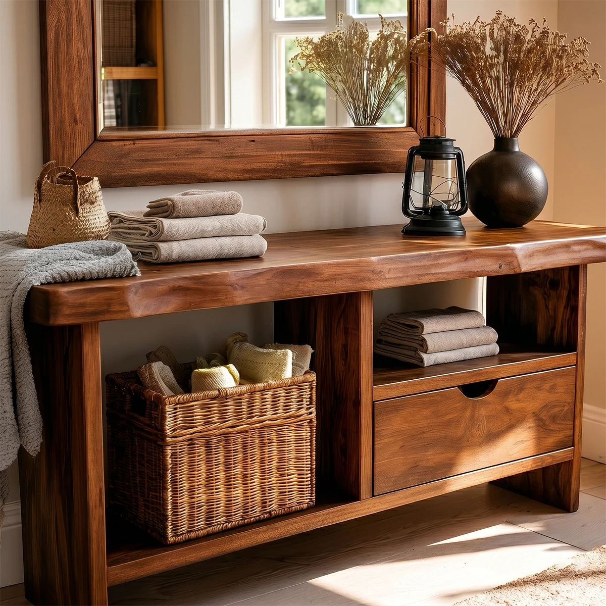 Minimalist hallway console with integrated drawer storage and open display compartment