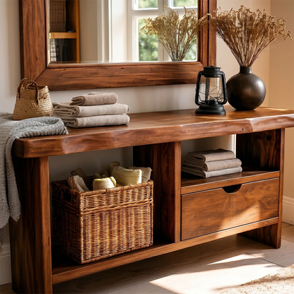 Minimalist hallway console with integrated drawer storage and open display compartment