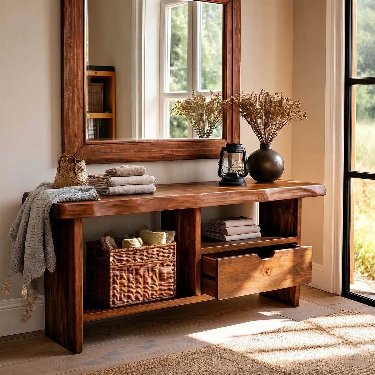 Elegant foyer table designed with practical drawer storage and open shelf organization