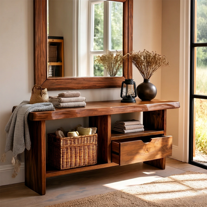 Elegant foyer table designed with practical drawer storage and open shelf organization