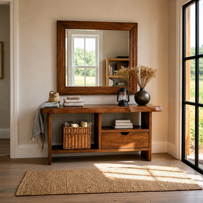Contemporary accent console featuring organized drawer space and open storage shelf