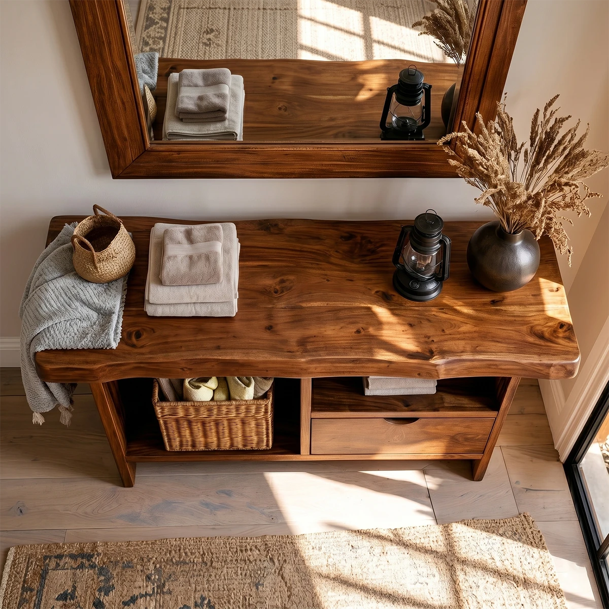 Refined console table offering concealed drawer storage and versatile lower shelving
