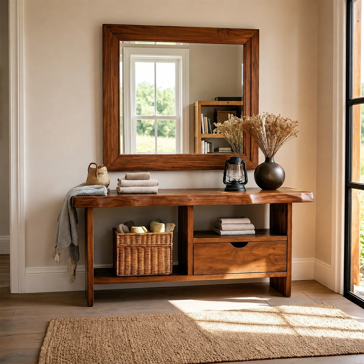 Versatile foyer console table with concealed drawer storage and open shelf compartment